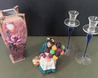 Decorative Collectibles Lot Candle Holders, Royal Doulton Figurine, and Vase