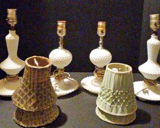 Vintage Hobnail Milk Glass Lamp Lot 4 Lamps SilkTexture Shades Untested