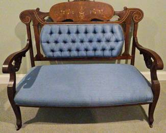 Antique Carved Wood Settee Blue Tufted Back Inlaid Crest Detail