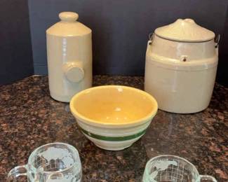 Rustic Vintage Stoneware Glass Kitchen Collection Crocks, Mixing Bowl Globe Mugs