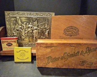 Vintage Tobacciana Lot Cigar Boxes, Tins, SilverTone Plaque Wood Display Shelf