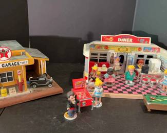 Vintage Tyco Dixies Diner playset from 1988 And A Miniature Joes Garage Gas Station Display.