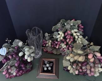 Vintage Jade Grape Sculptures, Lenox Crystal Vase Semiprecious Stone Cherries