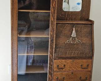 Antique Secretary Desk with Bookcase Mirror Carved Detail DropFront Writing Surface