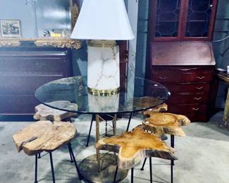 Glass top Table, Oak slab Seats and Lamp Orlando Estate Auction
