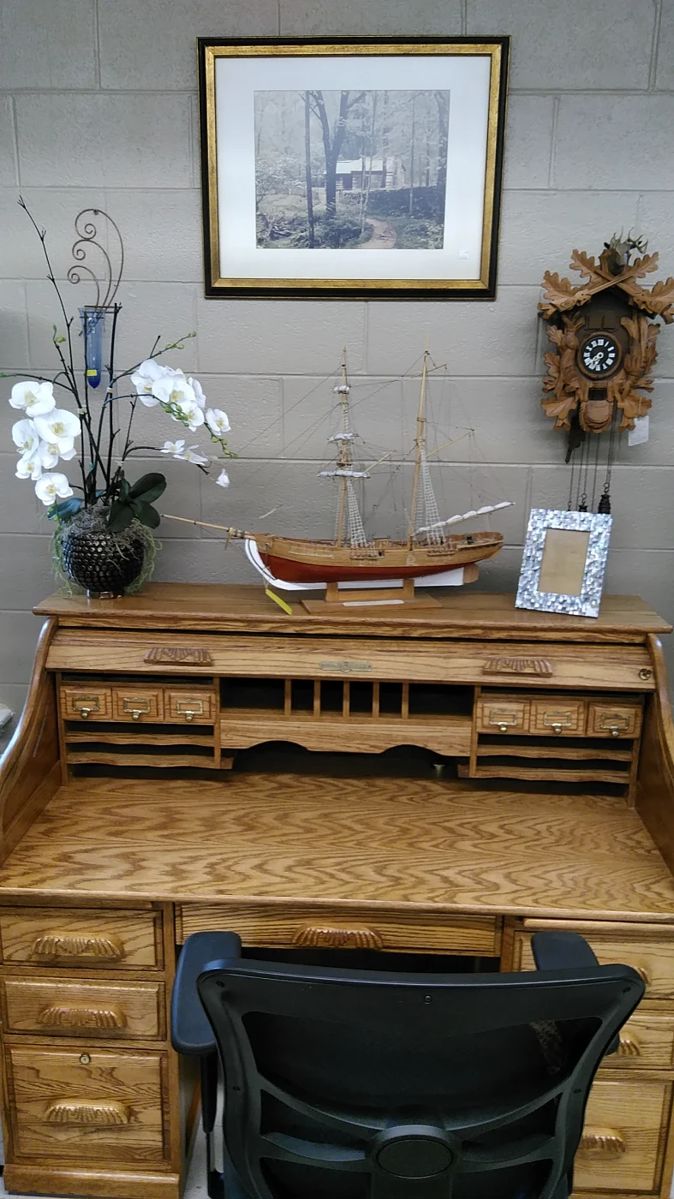 Swiss Cuckoo clock, fantastic wooden ship model, beautiful oak roll-top desk