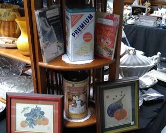 Framed Asian fruit water colors, vintage tins, etc.