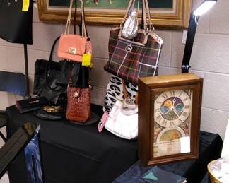 Coach and other name brand hand bags, A Planter's Clock (works).