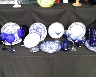 Pretty assortment of Flo Blue china and useful cobalt blue items.