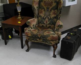 Great wing-back chair, mahogany side table, crystal lamp (pair).