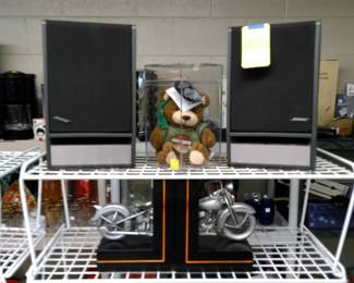 Harley bookends and Bear, Bose shelf speakers