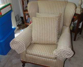 Brown plaid wing chair