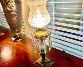 Pair of etched crystal prism lamps