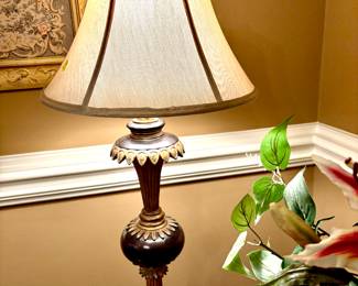 Wood tone candle stick lamp