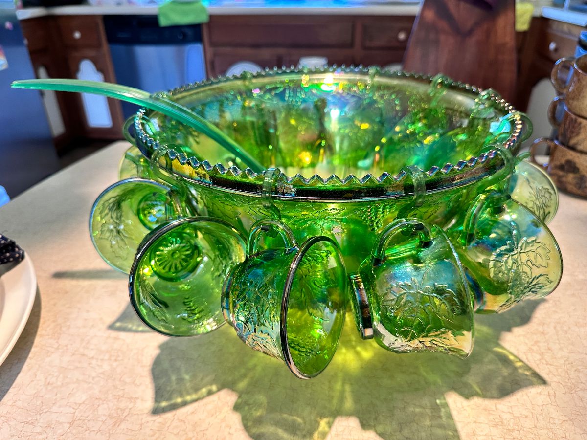 Lime green punch bowl set, MCM, Carnival Glass
