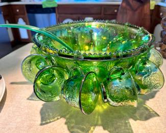 Lime green punch bowl set, MCM, Carnival Glass