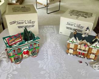029-LR: Department 56 Snow Village “Hershey’s Chocolate Shop” and “Christmas High School”