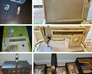 066-BR2: Vintage SINGER Stylist 513 Sewing Machine & Sewing Notions Box