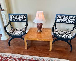Matching pair of zebra print chairs and 32” by 32” burl wood coffee table