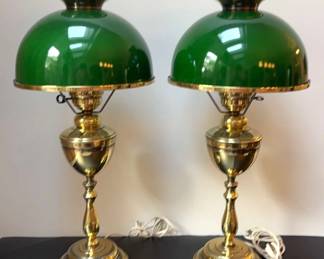 Pair of Vintage Brass Lamps with Green Shades