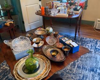 More display items, cups, serving dishes, decanter glasses plates and beautiful stone eggs