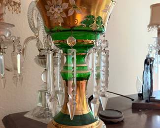 Pair of Green & Gold Glass Mantle Lusters Crystal Prisms