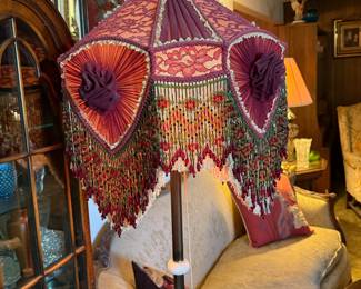 Victorian Style Floor Lamp with Jewel-Tone Beaded Fringe and Rosette Accents