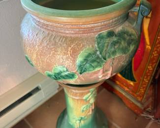 Fuchsia Floral Pottery Jardiniere & Pedestal