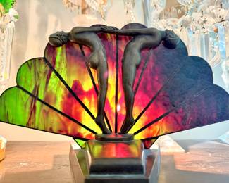Art Deco Colorful Slag Glass Harmony Figural Lamp