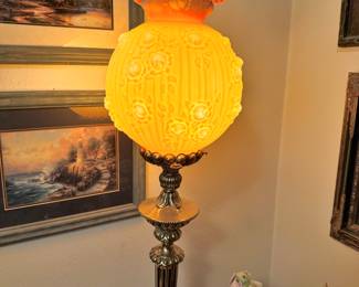 Fenton Burmese Roses and Brass Pillar Lamp
