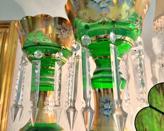 Pair of Green & Gold Glass Mantle Lusters Crystal Prisms