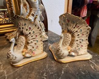Pair of 4" Capodimonte Italy Polaris Swarovski Crystals Peacocks
