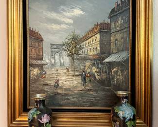 Paris Scene Arc de Triomphe Oil Painting by Buenard, Pair of Black & Floral Cloisonné Vases