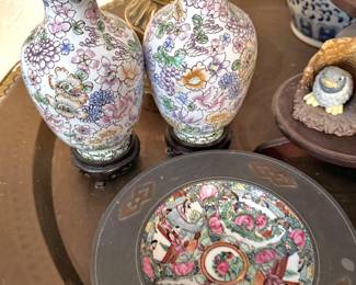 Pair of Chinese Floral Enamelware Vases on Wood Stands