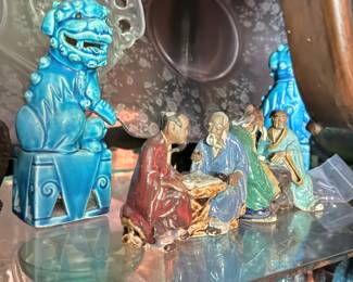 Pair of Chinese Blue Glazed Foo Dog Figurines, Chinese Mud Man Style Figurines