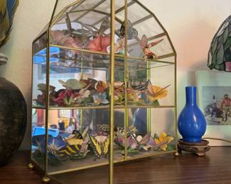 Franklin Mint "The Butterflies of the World" Figurine Collection, Brass & Glass Display Cabinet