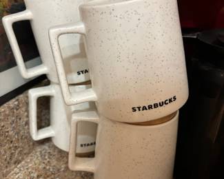 Set of 4 Starbucks White Stone Mugs with Wood Base