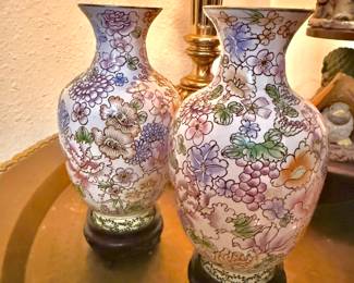 Pair of Chinese Floral Enamelware Vases on Wood Stands