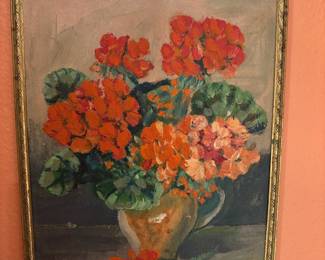 Framed Geranium Bouquet Still Life Oil Painting by Kay