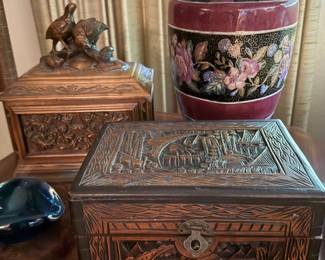 Carved Wood Cigar Humidor Box, Chinese Carved Camphor Wood Box, Floral Painted Ginger Jar Table Lamp