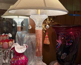 Pair of Marble Crystal Column Table Lamps