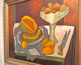 Framed Abstract Still Life of Cut Papaya Oil Painting