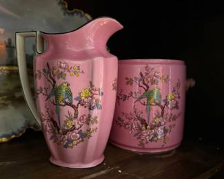 Crown Ducal Ware Pink Parrot Themed Creamer Pitcher & Sugar Bowl