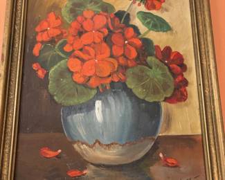 Framed Geranium Still Life Oil Painting by Grace Pischner