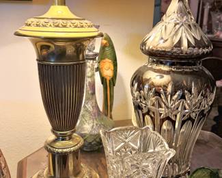 Heavy Brass Urn Style Table Lamp, Black Cut to Clear Crystal Decanter