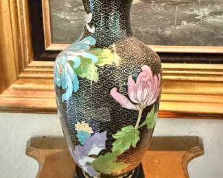 Black Cloisonné Floral Vase with Stand