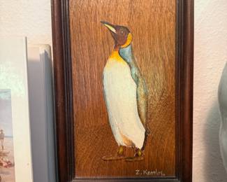 Penguin Painting on Wood Plaque by Z. Komlos