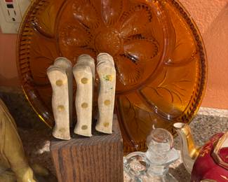 Amber Indiana Glass Tree of Life Deviled Egg Tray, Chicago Cutlery Steak Knives & Block