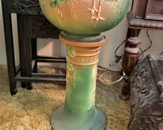 Fuchsia Floral Pottery Jardiniere & Pedestal