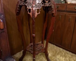 Ornately Carved Wood Plant Stand with Soapstone Top